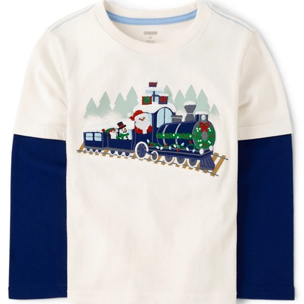 New Gymboree Christmas Train Tee Boys 4T Santa Embroidered Applique Layered